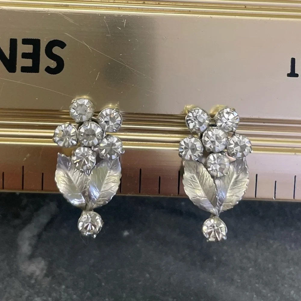 Vintage Silver Flower Crystal Clip-On Earrings